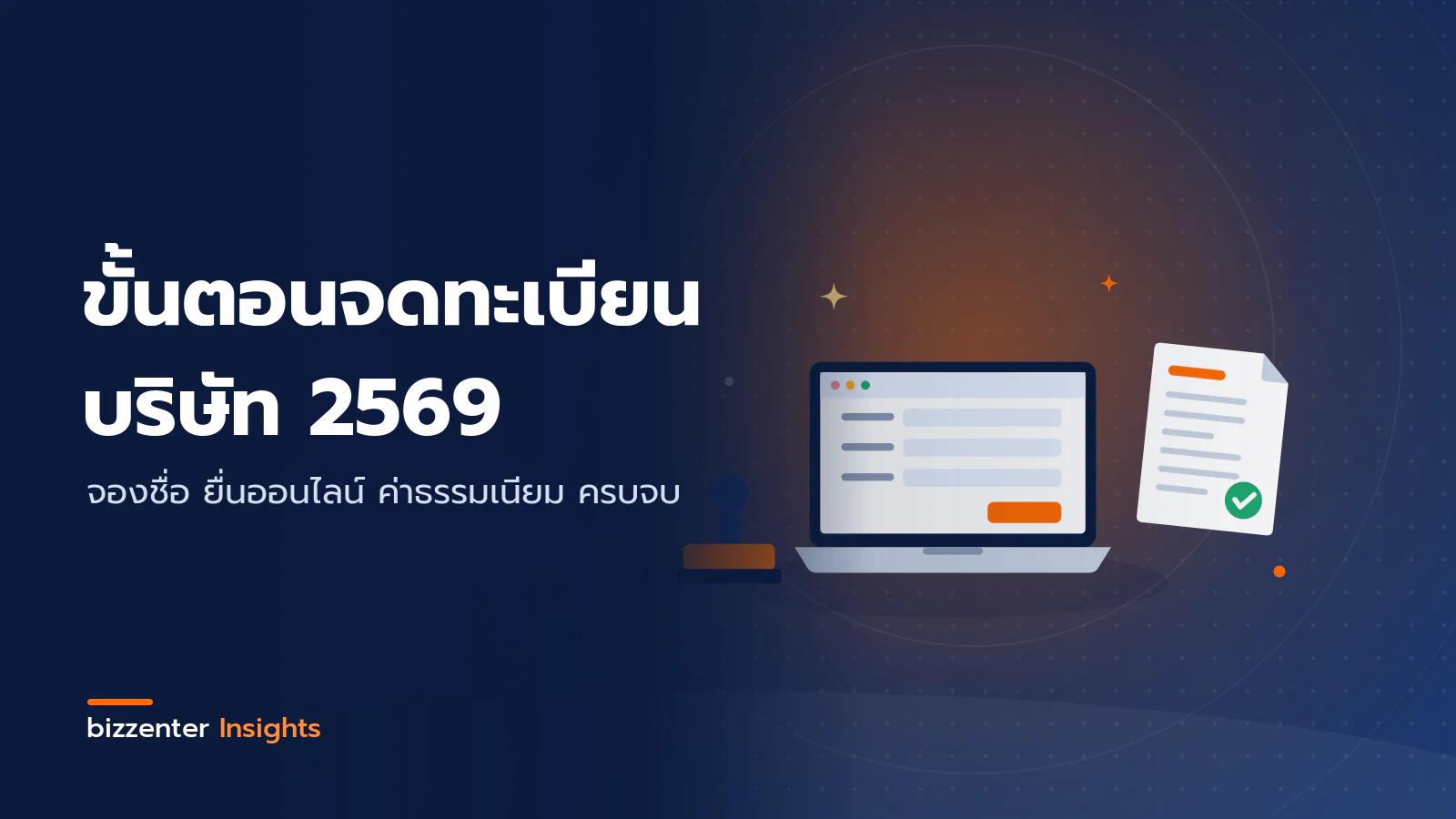 ภาพปกบทความ "ขั้นตอนจดทะเบียน บริษัท 2569" จองชื่อ ยื่นออนไลน์ ค่าธรรมเนียม ครบจบ — ภาพประกอบการจดทะเบียนบริษัทออนไลน์: แล็ปท็อปแสดงแบบฟอร์มคำขอ หนังสือรับรองที่ได้รับอนุมัติ และตราประทับบริษัท