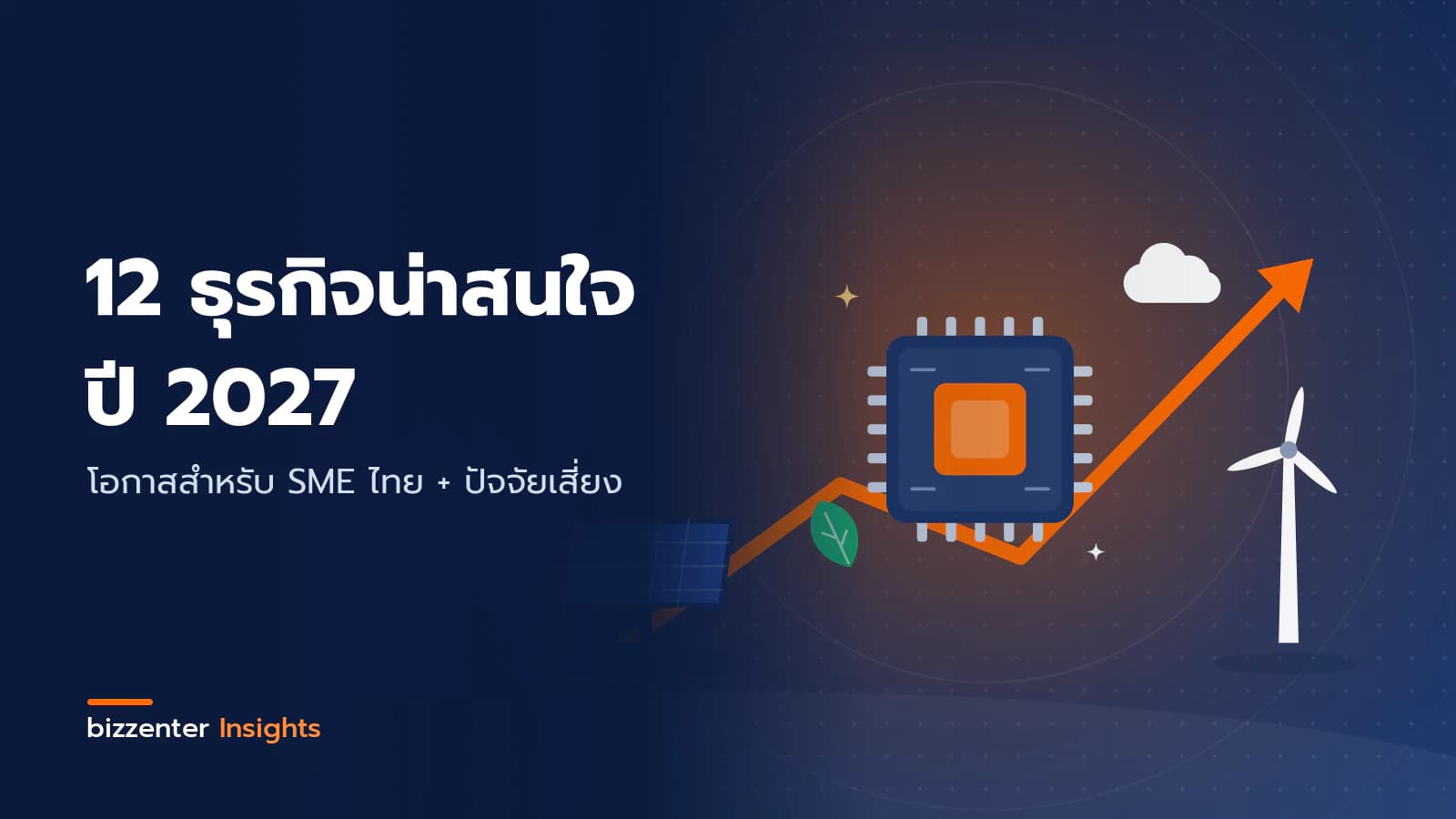 ภาพปกบทความ "12 ธุรกิจน่าสนใจ ปี 2027" โอกาสสำหรับ SME ไทย + ปัจจัยเสี่ยง — ภาพประกอบธุรกิจดาวรุ่งปี 2027: ชิป AI ตรงกลาง ลูกศรการเติบโต แผงโซลาร์ กังหันลม และใบไม้แห่งพลังงานสะอาด