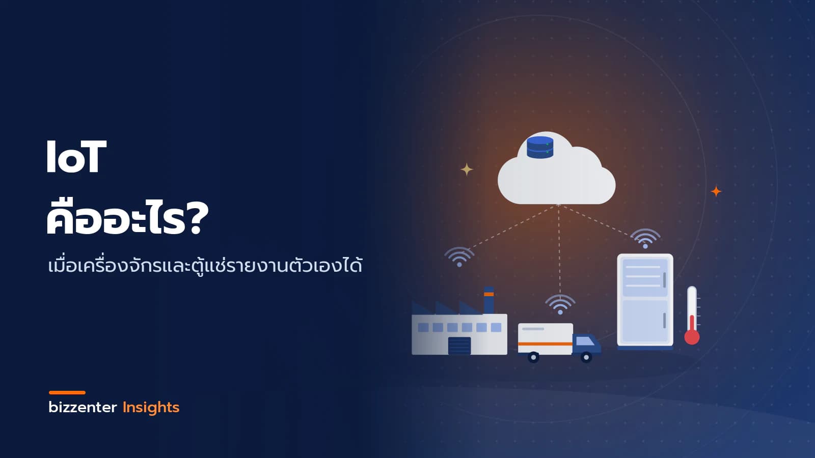 ภาพปกบทความ "IoT คืออะไร?" เมื่อเครื่องจักรและตู้แช่รายงานตัวเองได้ — ภาพประกอบ Internet of Things: ก้อนเมฆข้อมูลเชื่อมต่อไร้สายกับโรงงาน รถขนส่ง และตู้แช่ที่มีเทอร์โมมิเตอร์
